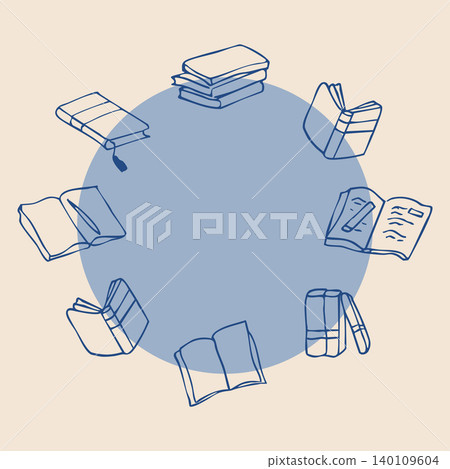 Hand drawn book doodle roud frame with open books stack 140109604