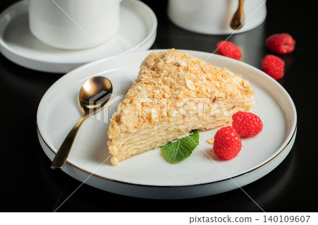 Sliced Napoleon cake on a white wooden table. Classic dessert 140109607