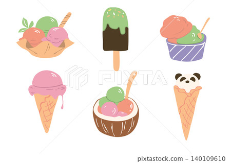 Cute pastel Ice cream collection set with popsicles and cones hand drawn style Cute pastel Ice cream collection set with popsicles and cones hand drawn style 140109610
