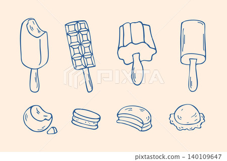 Hand drawn doodle Ice cream bars and sweet snacks set 140109647