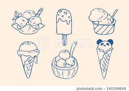 Hand drawn doodle Ice cream set with cones, popsicles and bowls 140109649
