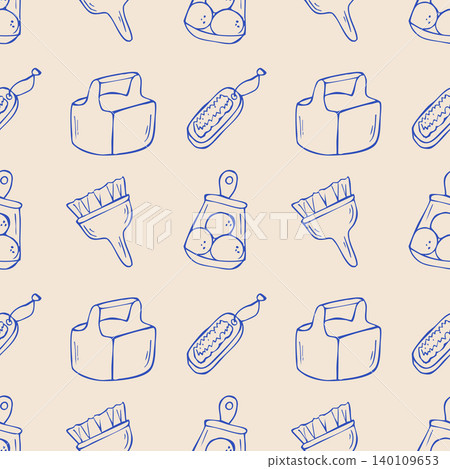 Hand drawn doodle cleaning supplies seamless pattern with brushes and detergent 140109653