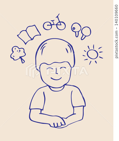 Happy child with hobbies Icons doodle illustration healthy lifestyle and education concept Happy child with hobbies Icons doodle illustration healthy lifestyle and education concept 140109660
