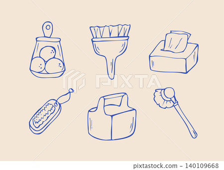 Cleaning Supplies Doodle Set Hand Drawn Household Cleaning Tools Illustration 140109668