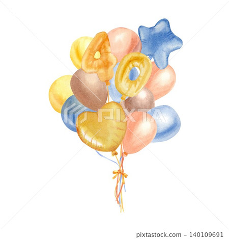 A bouquet of yellow, orange, brown, and blue heart-shaped balloons, stars, and the number forty, hand-drawn in watercolor on an isolated background. Illustration for a 40th birthday party. A bouquet of yellow, orange, brown, and blue heart-shaped balloons, stars, and the number forty, hand-drawn in watercolor on an isolated background. Illustration for a 40th birthday party. 140109691