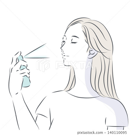 一幅線條畫插圖,描繪了一位長髮女子正在使用護膚噴霧來提神醒腦。 一幅線條畫插圖,描繪了一位長髮女子正在使用護膚噴霧來提神醒腦。 140110095
