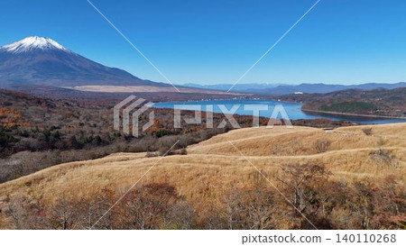 秋季從三國峠眺望潘帕斯草原、山中湖和富士山。 秋季從三國峠眺望潘帕斯草原、山中湖和富士山。 140110268
