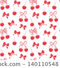 Seamless pattern with cute fruit illustration features repeating cherries and delicate ribbons in a seamless layout. The pink, feminine design suits wallpapers, stationery, and decorative prints 140110548