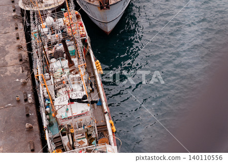 High Angle View of Fishing Vessel Deck and Gear at Nanfangao Harbor High Angle View of Fishing Vessel Deck and Gear at Nanfangao Harbor 140110556