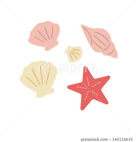 貝殼和海星的簡單插圖。夏季素材。扁平化插圖，夏季素材，貝殼，海星，海螺殼，插圖，be 140110635