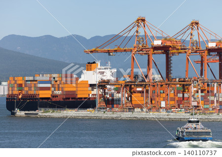 Cargo ship at container port loading global trade goods Cargo ship at container port loading global trade goods 140110737