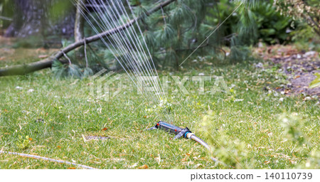 Garden sprinkler irrigating green grass lawn with water 140110739