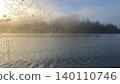 Spiderweb with glistening dew drops at foggy morning lake 140110746