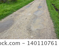 Damaged Rural Gravel Dirt Road with Potholes and Water Puddles in Countryside 140110761