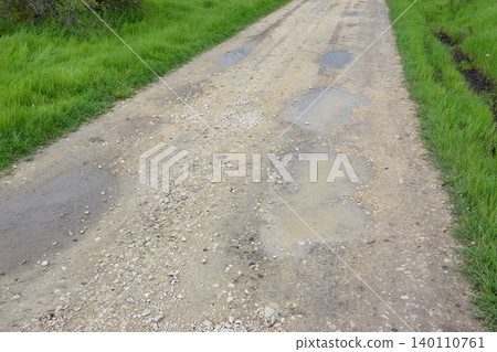 Damaged Rural Gravel Dirt Road with Potholes and Water Puddles in Countryside Damaged Rural Gravel Dirt Road with Potholes and Water Puddles in Countryside 140110761