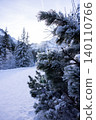 Frozen pine branch covered in snow in winter forest landscape 140110766