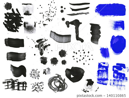Large set of various black and blue brush strokes, textured strokes, drops and splashes of paint 140110865