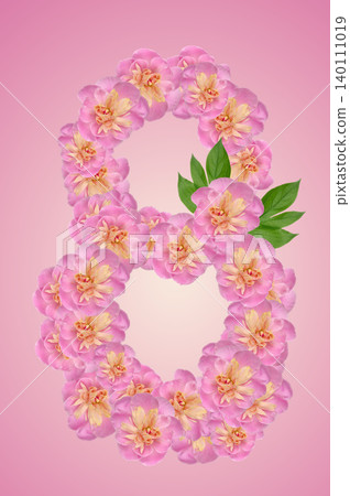 The number eight is made from pink peony buds with green leaves The number eight is made from pink peony buds with green leaves 140111019