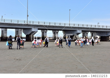 Kindergarten children walking under the Enoshima Bridge at low tide. 140111213