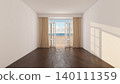 Empty Modern Room with Open Window and Curtains Facing Beach and Ocean View 140111359