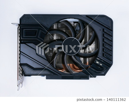 Modern graphics card with fan cooler top view on white background. Computer hardware, gaming GPU rendering unit, electronic component Modern graphics card with fan cooler top view on white background. Computer hardware, gaming GPU rendering unit, electronic component 140111362