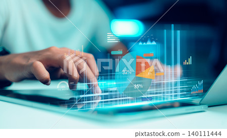 Professional businessman analyzing financial data hologram on laptop with 3D pie charts and graphs. Concept of digital investment, stock market growth, and futuristic big data technology. Professional businessman analyzing financial data hologram on laptop with 3D pie charts and graphs. Concept of digital investment, stock market growth, and futuristic big data technology. 140111444