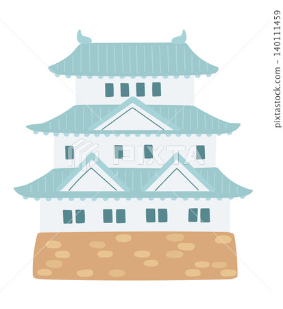 一幅色彩鮮豔的日本傳統城堡（天守閣和防禦工事）插圖。 140111459