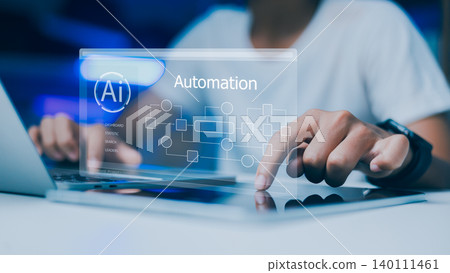Software developer using virtual screen for AI automation and workflow process optimization. Software developer using virtual screen for AI automation and workflow process optimization. 140111461