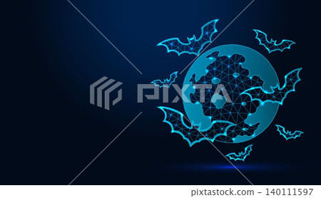 Low poly wireframe bats flying around full moon on dark blue background. Low poly wireframe bats flying around full moon on dark blue background. 140111597