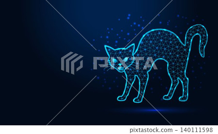 Low poly wireframe black cat arching its back on dark blue background. Low poly wireframe black cat arching its back on dark blue background. 140111598