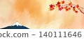 Autumn sunset sky with Mount Fuji and autumn leaves background illustration banner - Vector - Japanese style - Watercolor - Horizontal - Copy space - Maple leaves 140111646