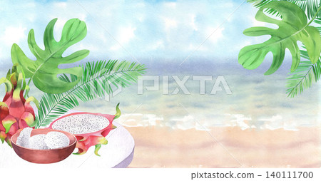 Watercolor straw hat with the ribbon, sunglasses, pitahaya, clay bowl, palm and monstera leaves on the seascape on a background. For packaging design, cards, cover, prints, product labels and fabric Watercolor straw hat with the ribbon, sunglasses, pitahaya, clay bowl, palm and monstera leaves on the seascape on a background. For packaging design, cards, cover, prints, product labels and fabric 140111700