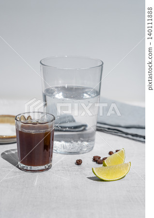 Coffee bomb with sparkling water and espresso shot, trendy summer coffee drink Coffee bomb with sparkling water and espresso shot, trendy summer coffee drink 140111888