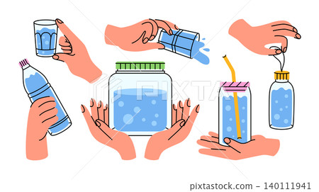 Colorful illustrations of different positions of human hands holding glass containers with water in cartoon style. Stickers of a glass, shot glass, bottle, carboy, baby bottle, and shaker with a straw 140111941