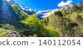 Scenic view of the Pyrenees mountains with lush green trees and a clear blue sky, showcasing snow-capped peaks and vibrant foliage 140112054
