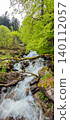 Flowing mountain stream with lush green foliage and moss-covered rocks in the Pyrenees, showcasing natural beauty and tranquility 140112057