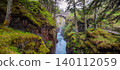 Stone bridge arches over a rushing river in the French Pyrenees, surrounded by lush greenery and rocky cliffs 140112059