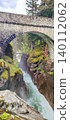 Stone arch bridge spanning a rocky gorge in the French Pyrenees, with rushing water and lush greenery surrounding the scene 140112062