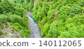 Aerial view of a winding river surrounded by lush green forests in the Pyrenees mountains, showcasing natural beauty and diverse vegetation 140112065