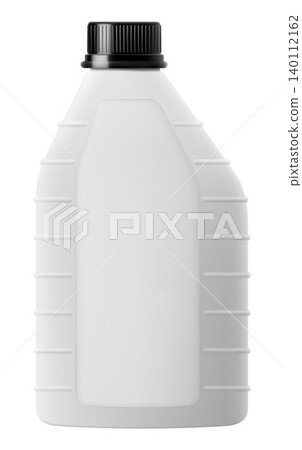 White plastic bottle for industrial chemicals, automotive oils, household chemicals. Cleaning products bottle isolated on white background. Mock-up template. 3D rendering realistic vector illustration White plastic bottle for industrial chemicals, automotive oils, household chemicals. Cleaning products bottle isolated on white background. Mock-up template. 3D rendering realistic vector illustration 140112162