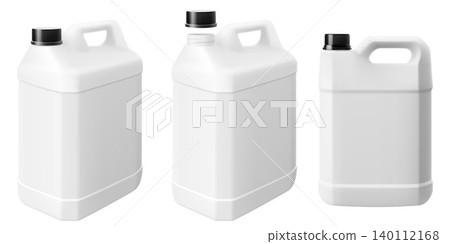 Blank white plastic jerry can. Canister with handle isolated on white background, Empty container mockup for liquid product packaging, cleaning solution, chemical. Realistic 3d vector illustration. Blank white plastic jerry can. Canister with handle isolated on white background, Empty container mockup for liquid product packaging, cleaning solution, chemical. Realistic 3d vector illustration. 140112168