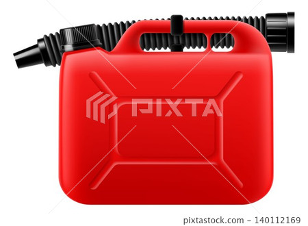 Red plastic canister with spout isolated on white background. Canister for fuel and lubricants. Gasoline canister. Realistic 3d vector illustration. Fuel can storage icon 140112169