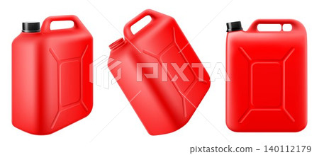 Set of Fuel canister. Gasoline or petrol canister, isolated on white. Concept of automobile oil gallon, natural energy tube. Red Gas Can Fuel Storage icon . Realistic 3d vector illustration 140112179