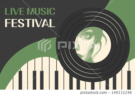 Live music festival poster design template. Retro vinyl record with halftone portrait of a woman. 140112246