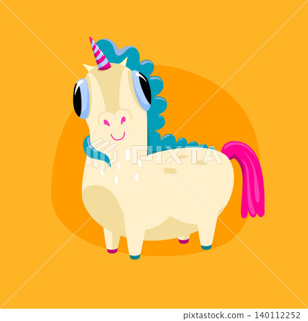 Vector illustration with white cute unicorn isolated on a yellow background. Card with funny cartoon character. Concept for design t-shirt print, poster, stickers Vector illustration with white cute unicorn isolated on a yellow background. Card with funny cartoon character. Concept for design t-shirt print, poster, stickers 140112252