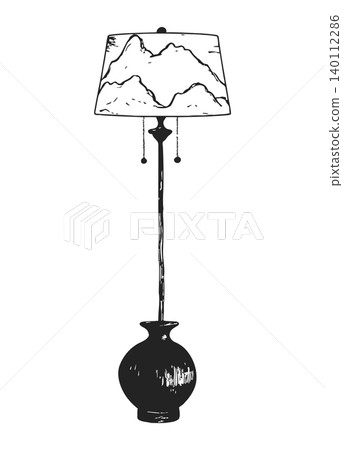 black and white illustration of a lamp with a decorative mountains shade design black and white illustration of a lamp with a decorative mountains shade design 140112286