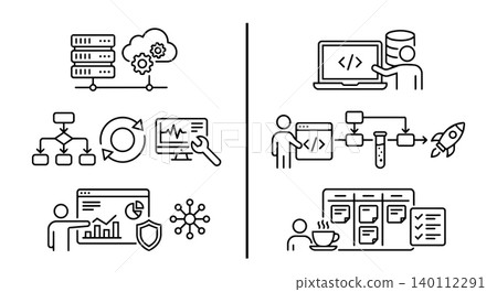 DevOps and Agile management stick figure vector icon set. CI CD automation pipeline, cloud server database, system monitoring dashboard, and Kanban board concept. DevOps and Agile management stick figure vector icon set. CI CD automation pipeline, cloud server database, system monitoring dashboard, and Kanban board concept. 140112291