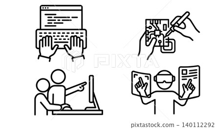 Technology engineering vector icon set. Programmer typing code on keyboard, soldering circuit board microchip, VR virtual reality interface, and IT workplace team collaboration concept. Technology engineering vector icon set. Programmer typing code on keyboard, soldering circuit board microchip, VR virtual reality interface, and IT workplace team collaboration concept. 140112292
