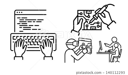 Technology engineering vector icon set. Programmer hands typing code on keyboard, soldering circuit board, VR virtual reality interface, and IT workplace team collaboration concept. Technology engineering vector icon set. Programmer hands typing code on keyboard, soldering circuit board, VR virtual reality interface, and IT workplace team collaboration concept. 140112293