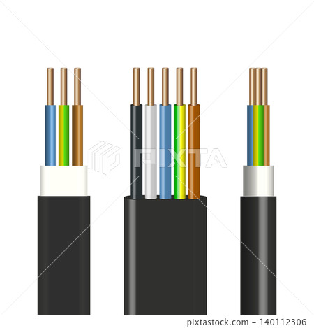 Flat and round cable with insulated copper conductors, vector illustration. Flat and round cable with insulated copper conductors, vector illustration. 140112306